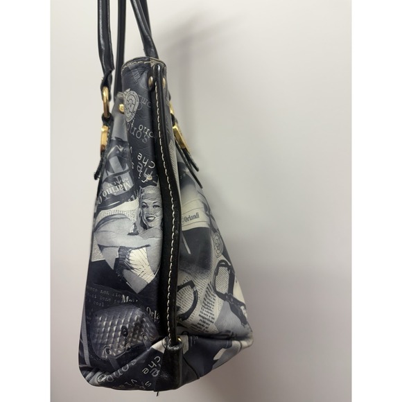 Marino Orlandi Handbag Pin Up Girl Newsprint Collage Leather Shoulder Bag Tote - Picture 15 of 16